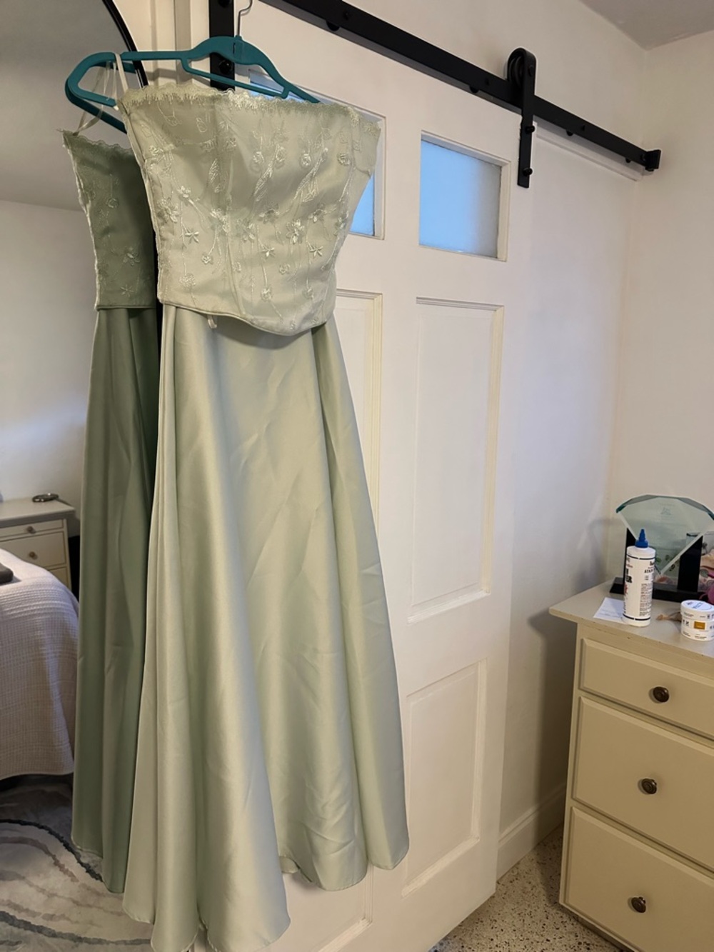 Scott McClintock Strapless Floral-Appliqué Gown in Pale Sage Green